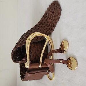 Michael Kors Boho Brown Leather Braided Belt Gold Buckle Sz Large Made India